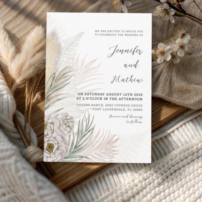 Convite Casamento Floral Branco & Grama Pampas Boho  (Criador carregado)