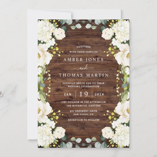 Convite Casamento Floral Branco Marfim Madeira Rústica Ele (Frente)