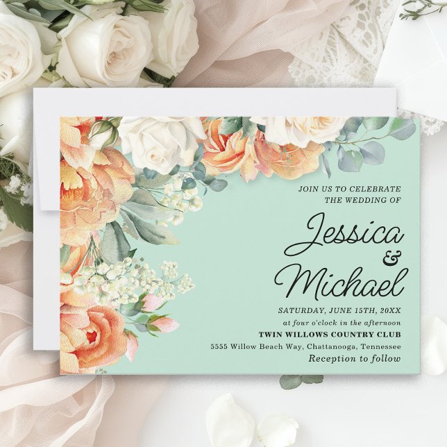 Convite Casamento Floral Branco Pêssego Menta  (Peach and white roses on mint green wedding invitation)