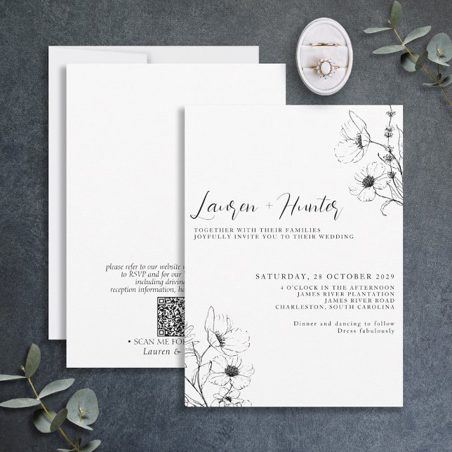 Convite Casamento Floral Branco Preto com Script de Código (Criador carregado)