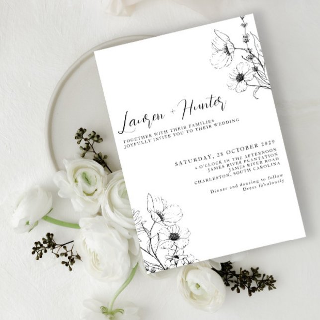 Convite Casamento Floral Branco Preto com Script Moderno (Criador carregado)