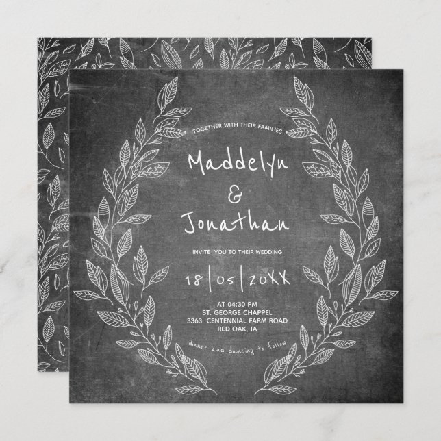 Convite Casamento Floral Branco-Preto-Russo (Frente/Verso)