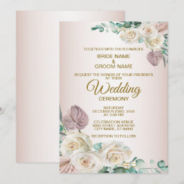 Convite Casamento Floral Branco Rosa com Aquarela Verde