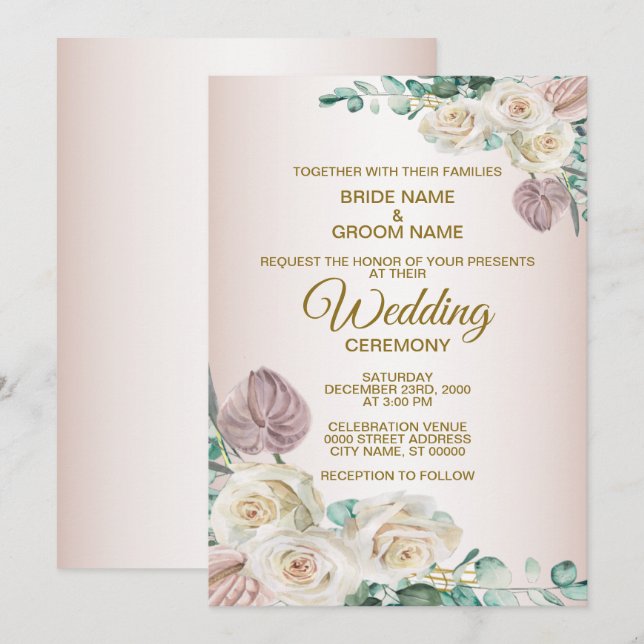 Convite Casamento Floral Branco Rosa com Aquarela Verde (Frente/Verso)