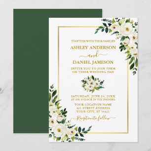 Convite Casamento Floral Branco Verde com Dourado Elegante