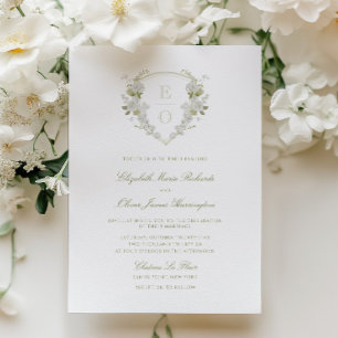 Convite Casamento Floral Branco Verde Romântico com Brasão