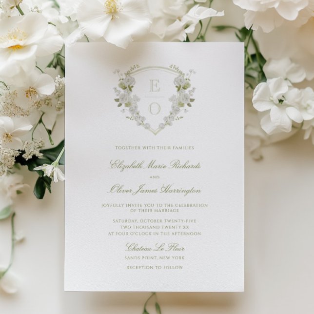 Convite Casamento Floral Branco Verde Romântico com Brasão (Criador carregado)