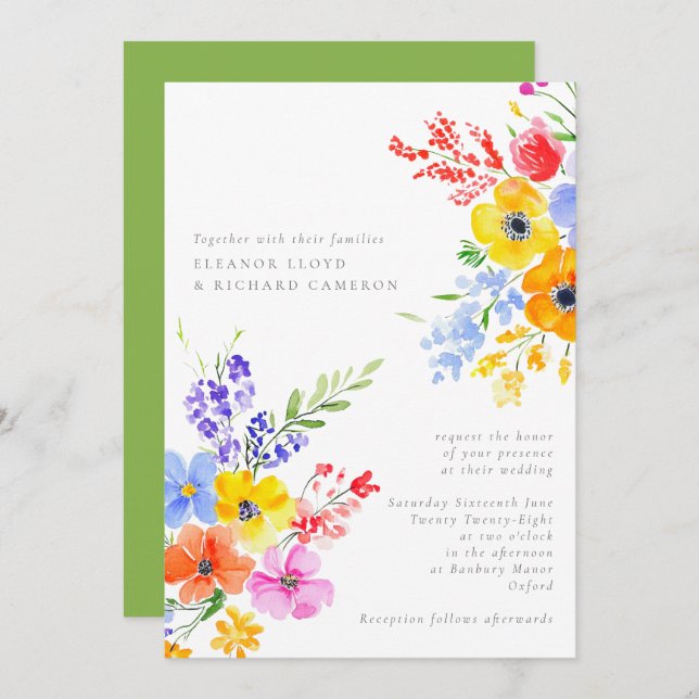 Convite Casamento Floral Bright & Bold Watercolor (Frente/Verso)