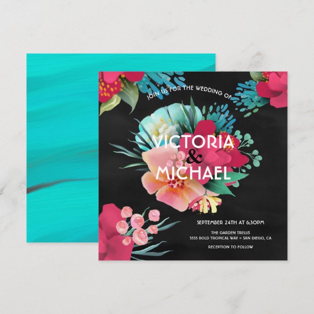 Convite Casamento floral brilhante e ousado tropical (Frente/Verso)