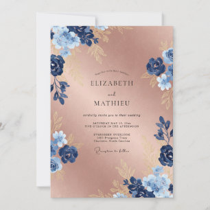 Convite Casamento Floral Brilhante em Ouro Rosa e Azul Mar
