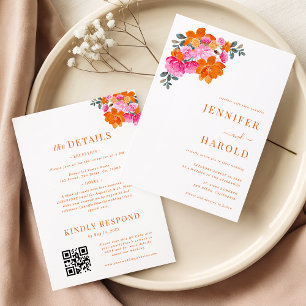 Convite Casamento Floral Brilhante Rosa e Laranja & Detalh