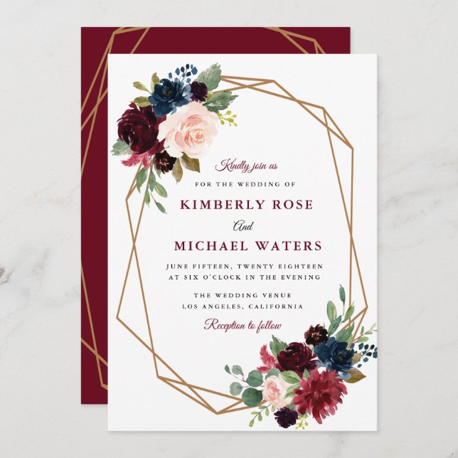 Convite casamento floral burgundy (Frente/Verso)