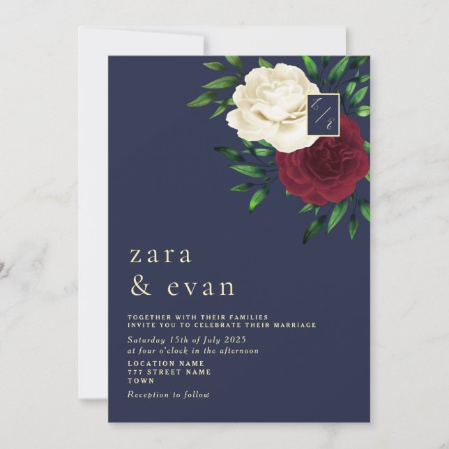 Convite Casamento Floral Burgundy Azul Marinho  (Frente)