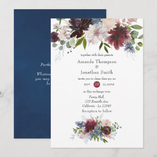Convite Casamento Floral Burgundy, Azul Marinho e Rosa Beg