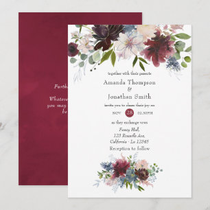 Convite Casamento Floral Burgundy, Azul Marinho e Rosa Beg
