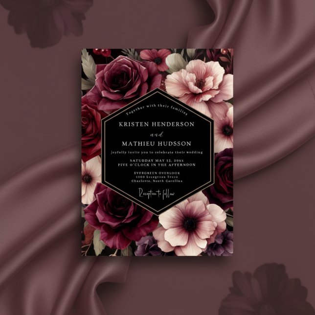 Convite Casamento Floral Burgundy Bloom (Criador carregado)