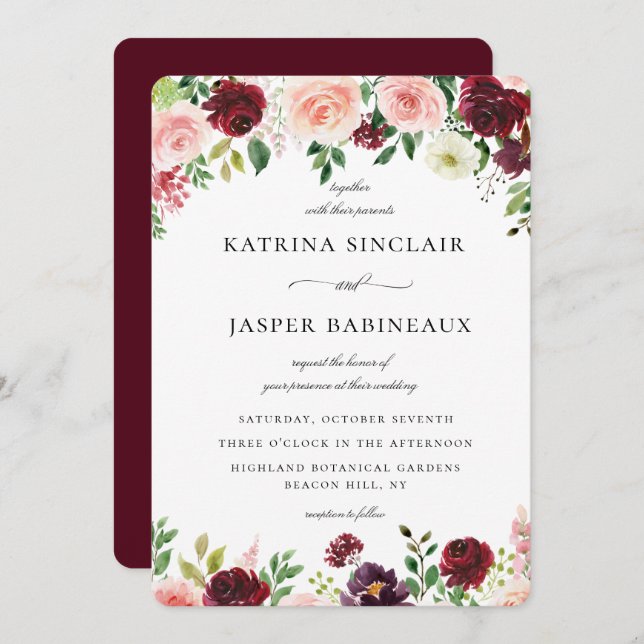 Convite Casamento Floral Burgundy Blush (Frente/Verso)
