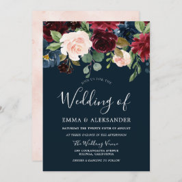Convite Casamento Floral Burgundy Blush & Marinho Watercol