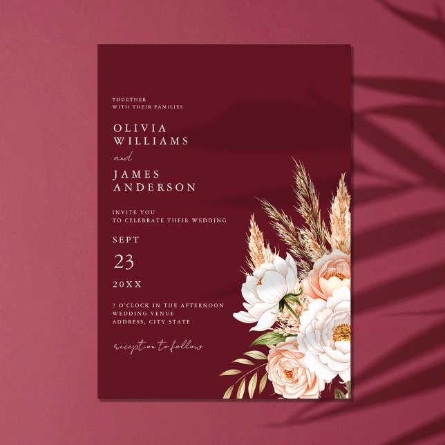 Convite Casamento Floral Burgundy Boho Chic (Criador carregado)