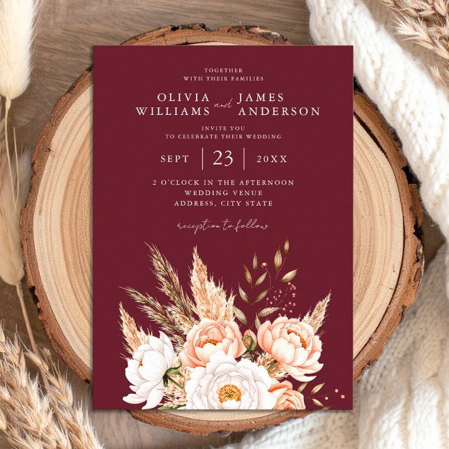 Convite Casamento Floral Burgundy Boho Chic (Criador carregado)