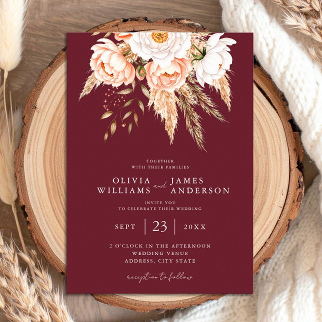 Convite Casamento Floral Burgundy Boho Chic (Criador carregado)