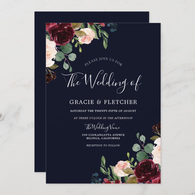 Convite Casamento Floral Burgundy Burgundy Marinho Profund (Frente/Verso)