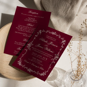 Convite Casamento Floral Burgundy Clássico Retro Completo