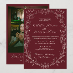Convite Casamento Floral Burgundy Clássico Romântico com D