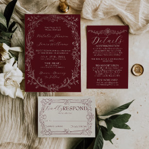 Convite Casamento Floral Burgundy Clássico Romântico com D