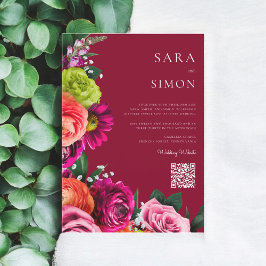 Convite casamento floral burgundy com código QR moderno el