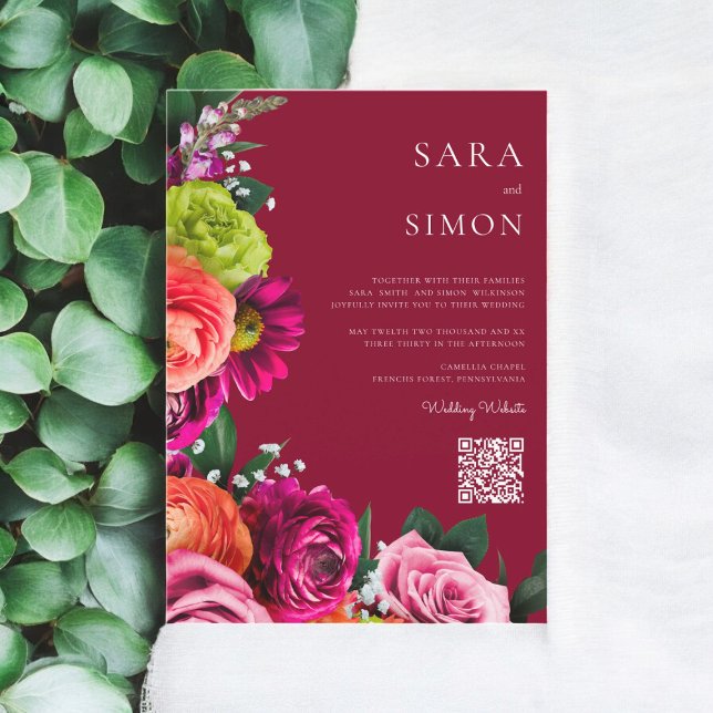 Convite casamento floral burgundy com código QR moderno el (modern  burgundy wedding invitation with qr code , )