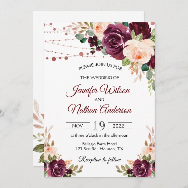 Convite Casamento Floral Burgundy com Letra Elegante (Frente/Verso)