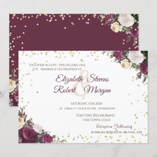 Convite Casamento Floral Burgundy Diamantes Dourados
