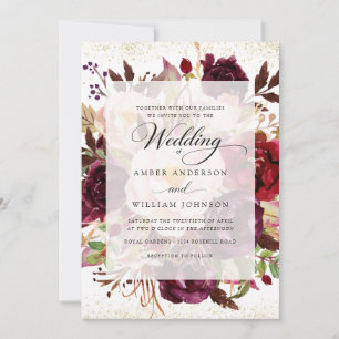 Convite Casamento Floral Burgundy Dourado Elegante
