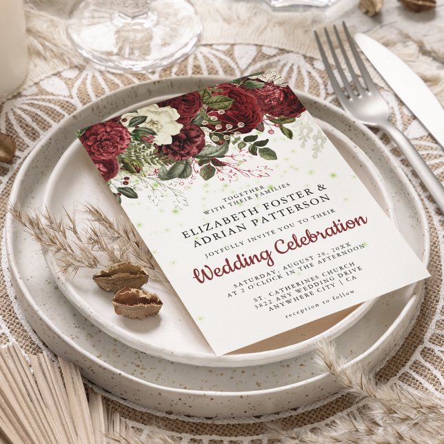 Convite Casamento Floral Burgundy e Branco Chic  (Criador carregado)