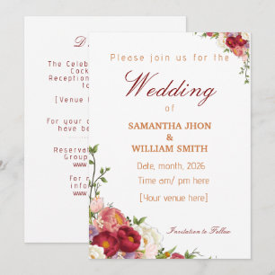 Convite Casamento Floral Burgundy e Crimson Blush Elegante