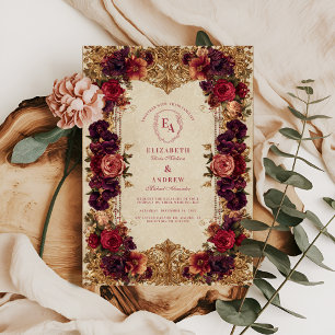 Convite Casamento Floral Burgundy e Dourado Barroco