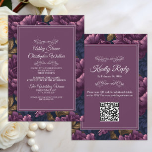 Convite Casamento Floral Burgundy Elegante com código QR R