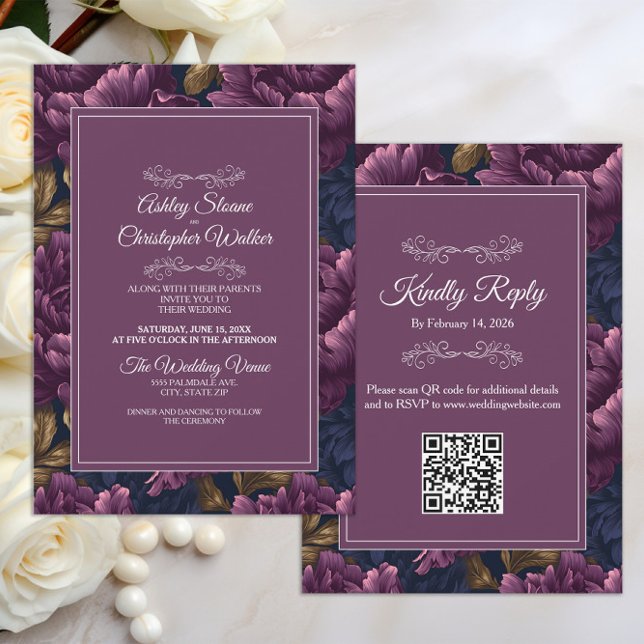 Convite Casamento Floral Burgundy Elegante com código QR R (Elegant burgundy velvet floral wedding invitation/rsvp combo with your QR code )