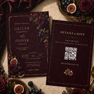 Convite Casamento Floral Burgundy Elegante com Código QR R