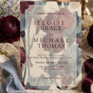 Convite Casamento Floral Burgundy Elegante e Azul Desbotad