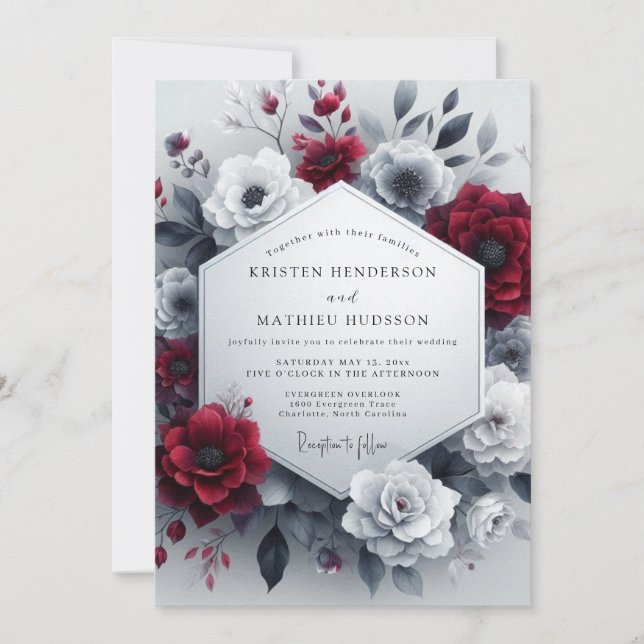 Convite Casamento Floral Burgundy Greyscale (Frente)