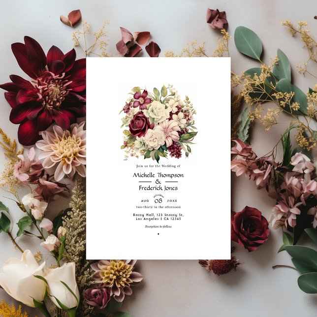 Convite Casamento Floral Burgundy, Marfim e Sage (Criador carregado)