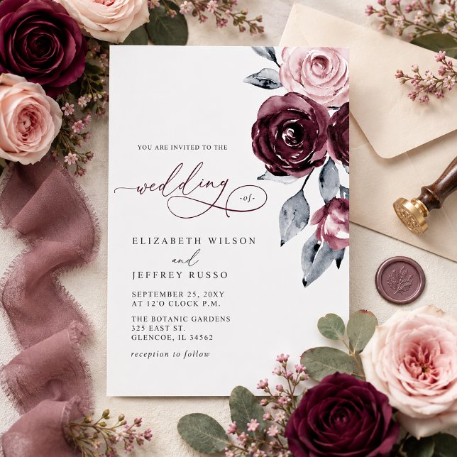 Convite Casamento Floral Burgundy Moderno Elegante (Elegant Modern Burgundy Floral Wedding Invitation)