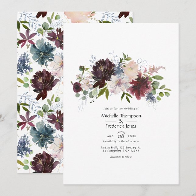 Convite Casamento Floral Burgundy, Navy e Blush (Frente/Verso)