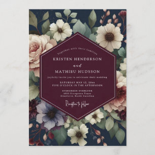 Convite Casamento Floral Burgundy Navy Pintura