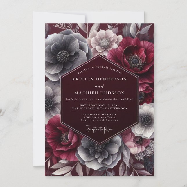 Convite Casamento Floral Burgundy Noir (Frente)