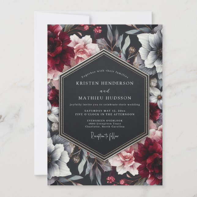Convite Casamento Floral Burgundy Noir (Frente)