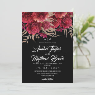 Convite Casamento Floral Burgundy Preto Dourado Romântico