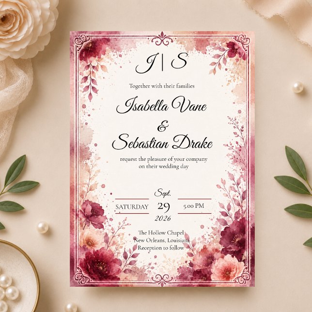 Convite Casamento Floral Burgundy Romântico (Criador carregado)